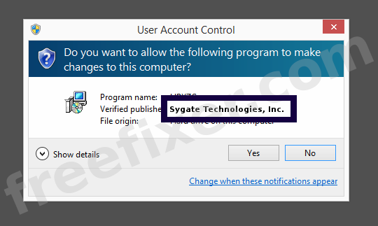 Screenshot where Sygate Technologies, Inc. appears as the verified publisher in the UAC dialog